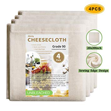 Olicity Cheesecloth, 20 x 20 Inch, Grade 90, 100% Unbleached Pure Cotton Muslin Cloth for Straining, Ultra Fine Reusable Cheese Cloth Fabric Filter Strainer for Cooking, Brew Coffee Making (4 Pieces)