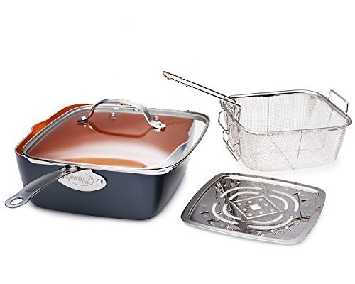 Gotham Steel Titanium Ceramic 9.5 Deep square frying & Cooking Pan With Lid, Frying Basket,Steamer Tray