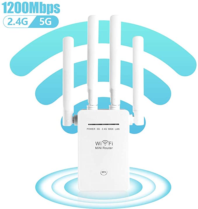 1200Mbps WiFi Range Extender, Carantee Wireless Signal Repeater Booster 2.4 & 5GHz Dual Band 4 Antennas 360° Full Coverage to Provide a Stable Network for Online Working and Enjoy Devices