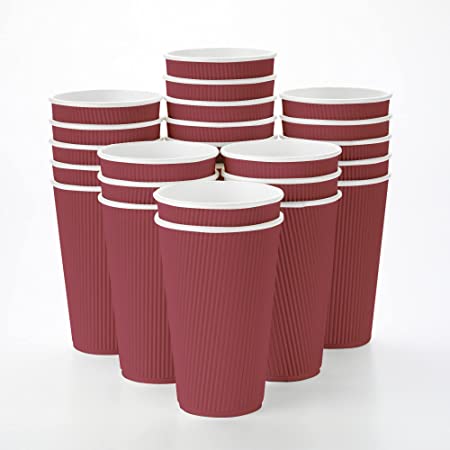 12 Ounce Paper Coffee Cups, 25 Ripple Wall Disposable Paper Cups - Leakproof, Recyclable, Crimson Paper Hot Cups, Insulated, Matching Lids Sold Separately - Restaurantware