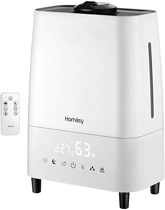 Homasy HM539A 5.5L, Warm and Cool Mist Customized Humidity, Remote Control, LED Touch Display, Sleep Mode, 23dB Whisper-Quiet Ultrasonic Humidifier for Large Bedroom, Off, White