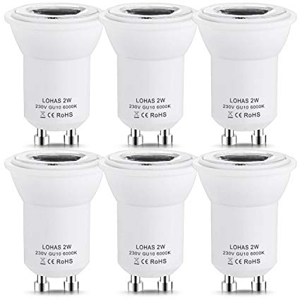 LOHAS® 2Watt Mini GU10 SMD LED,6000K Day White 35Watt Replacement For Small GU10 35mm With New Chip Technology With 1 Year Warranty,6 Pack Non Dimmable