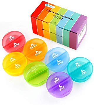 Portable Pill Organizer, Weekly AM/PM Pill Box, Round Medicine Organizer, 7 Day Pill Container, Vitamin Organizer for Fish Oil, Vitamins and Supplements
