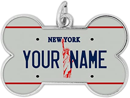 BleuReign BRGiftShop Personalized Custom Name (All 50) State License Plate Bone Shaped Metal Pet ID Tag with Contact Information