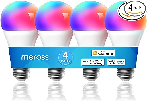 meross Smart Light Bulb, Smart WiFi LED Bulbs Compatible with Apple HomeKit, Siri, Alexa, SmartThings, Dimmable E26 Multicolor 2700K-6500K RGBWW, 900 Lumens 60W Equivalent, 4 Pack