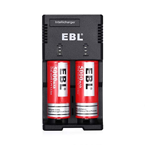 EBL 26650 5000mAh 3.7V Lithium Rechargeable Batteries (2 Pack) with 18650 Li-ion AA AAA Ni-MH Ni-CD Battery Charger