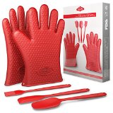 BakeitFun Heat Resistant Silicone Oven Mitts Set  Includes a Pair Of Gloves Spatula Set 2 and Brush Basting  Professional German Grade  Double Bbq Grilling Mittens