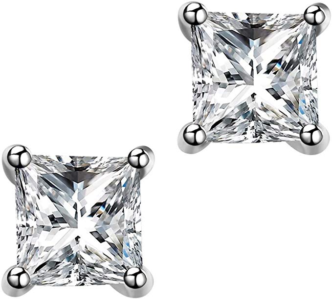AMBESTEE Women 925 Pure Sterling Sliver Crown Design Square Cut Crystal Cubic Inlay Zirconia Rhinestones Studs Earrings Set