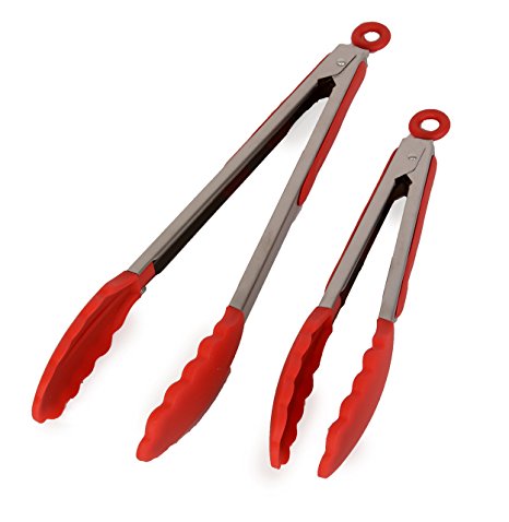 Chef Vinny Professional Silicone Kitchen Tongs 2 Pack- 12" & 9" (Red)