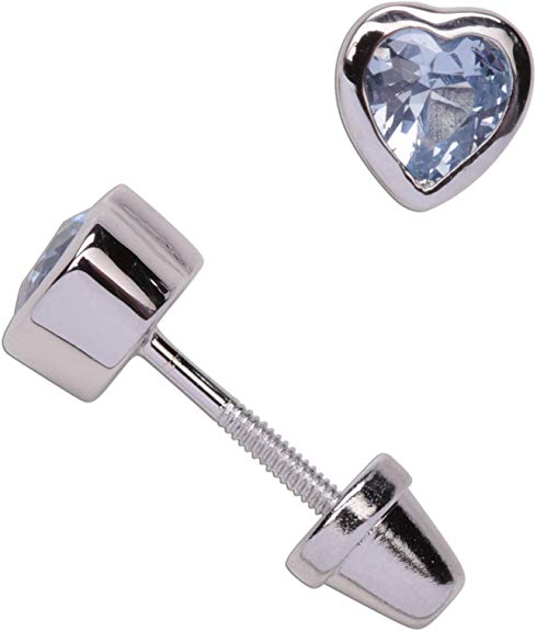 Girls' Sterling Silver CZ Simulated Birthstone Heart Earrings with Screw Back (6mm)