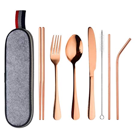8pcs Portable Utensils Set with Case | Reusable Travel Camping Flatware | Stainless Steel Knife/Fork/Spoon/Chopsticks/Curved Straw/Straight Straw/Cleaning Brush