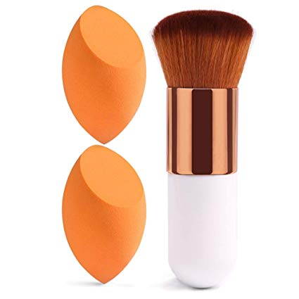 BAIMEI Makeup Sponges with Foundation Brush, Latex-Free, Dry or Wet Dual Use, Flawless Blender Beauty Sponge for Powder, Cream and Liquid Application, 2 1Pcs/Orange White