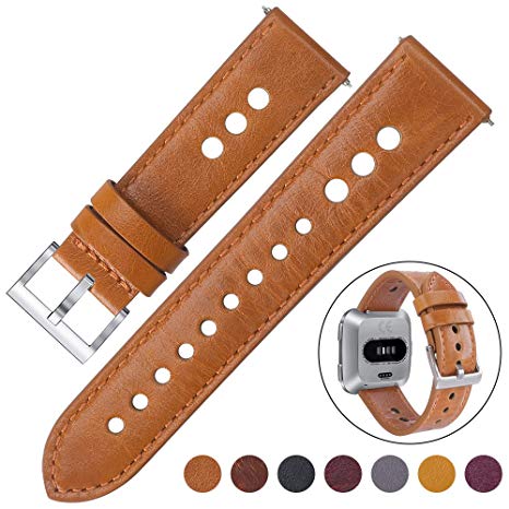 EZCO Fitbit Versa Leather Bands, Classic Vintage Genuine Leather Breathable Watch Strap Replacement Wristband Accessories for Fitbit Versa Smartwatch Women Man
