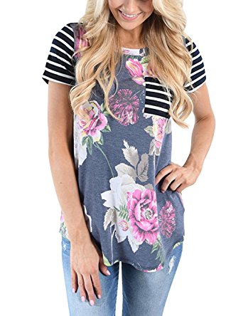 MEROKEETY Women's Floral Print Striped Tee Crew Neck Shirt Short Sleeve Tops With Pocket