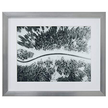 Modern Black and White Winding Road in Snow Print, Silver Frame, 18" x 22"