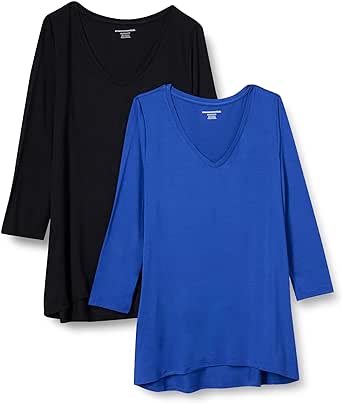 Amazon Essentials Women's 3/4 Sleeve V-Neck Swing T-Shirt (Available in Plus Size), Pack of 2