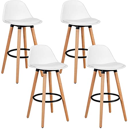 COSTWAY Bar Stools Set of 4, Modern Armless Kitchen Stool with Soft PU Leather Seat, Bar Height Stool with Round Metal Footrest & Comfortable Curved Backrest for Home, Dining Hall (White, 4)