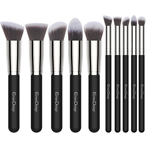 EmaxDesign Makeup Brushes Premium Makeup Brush Set, 10 Pieces Professional Foundation Blending Blush Eye Face Liquid Powder Cream Cosmetics Brushes (Silver Black)