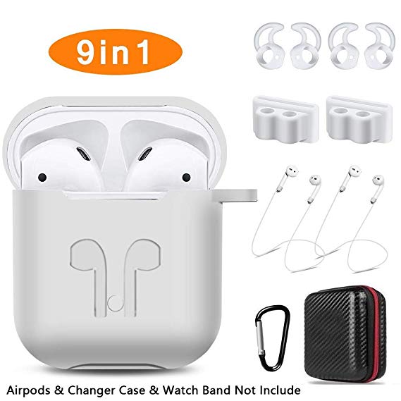 AirPods Case, Bipra 9 in 1 AirPods Accessories Set Protective Silicone Cover and Skin Compatible Apple AirPods Charging Case with Watch Band Holder/Ear Hook/Keychain/Strap/Carrying Box (White)