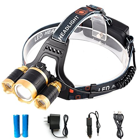 Headlamp 3 LED 3000 Lumen Forehead Flashlight Helmet Headlight Waterproof Focusable Rechargeable Head Light Lamp for Camping Hunting Cycling Working Hiking