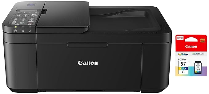 Canon E4570 All-in-One Wi-Fi Ink Efficient Colour Printer with FAX/ADF/Duplex Printing (Black)- Smart Speaker Compatible, Standard & CL57s Ink Cartridge