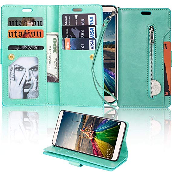 LAPOPNUT for Samsung Galaxy A5 2017 Wallet Case PU Leather Flip Case Dual Folio Card Slot Sleeve Housing with Wrist Strap Magnetic Stand Case Cover for Galaxy A5 2017, Mint Green