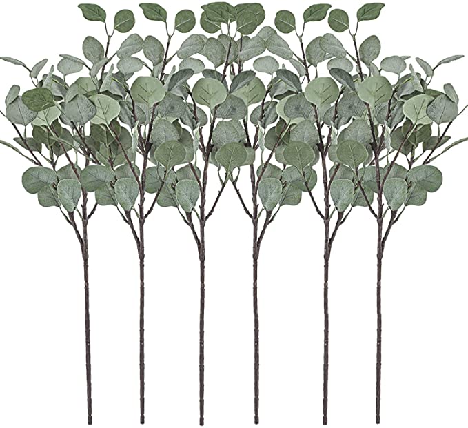 Artificial Greenery Stems 6 Pcs Straight Silver Dollar Eucalyptus Leaf Silk Greenery Bushes Plastic Plants Floral Greenery Stems for Home Party Wedding Decoration (Grey Green)