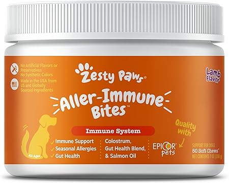 Zesty Paws Dog Allergy Relief - Anti Itch Supplement - Omega 3 Probiotics for Dogs - Salmon Oil Digestive Health - Soft Chews for Skin & Seasonal Allergies - with Epicor Pets - Lamb - 50 Count