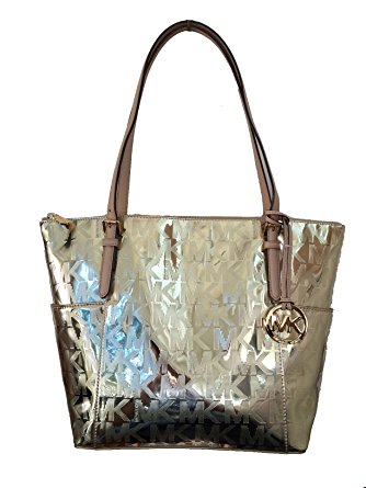 Michael Kors Jet Set East West Mirror Metallic Tote in Pale Gold