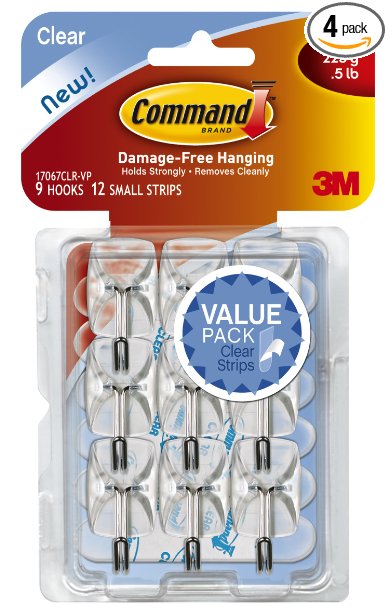 Command Wire Hooks, Small, Clear, 9-Hook, 4-Pack