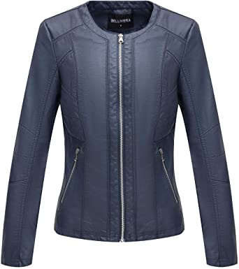 Bellivera Women's Faux Leather Jacket，Moto Casual Short Coat for Spring and Fall
