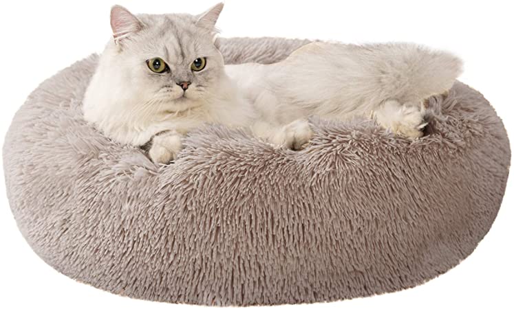 Love's cabin 27in Cat Beds for Indoor Cats - Cat Bed with Machine Washable, Waterproof Bottom - Taupe Fluffy Dog and Cat Calming Cushion Bed for Joint-Relief and Sleep Improvement