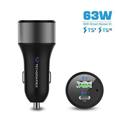 Techsmarter 63W Power Delivery USB C Car Charger - Dual USB Ports: 45W USB C PD Port & 18W TS  Fast Charge USB Port - Compatible with USB-C MacBook, Ipad, iPhone, Samsung, LG, HTC, Moto, Huawei