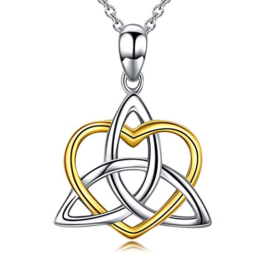 Celtic Knot Jewelry, Celtic Knot Necklace 925 Sterling Silver Triangle Irish Heart Pendant Necklace for Women, 18"