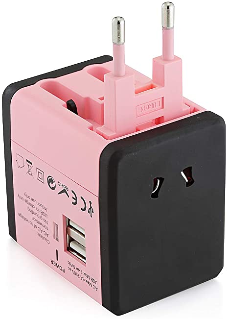 Safedome Universal Power Adapter 150 Countries Compatible with Multiple Devices with 2 USB Ports(Pink)