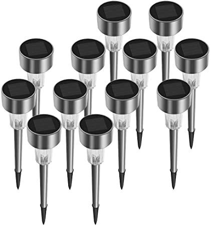 Outdoor Solar Lights,12Pack Stainless Steel Outdoor Solar Lights-Waterproof Solar Garden Lights for Roads,patios and lawns,-Cold White Garden Led Lights, Stainless Steel Landscape Lights/Pathways.