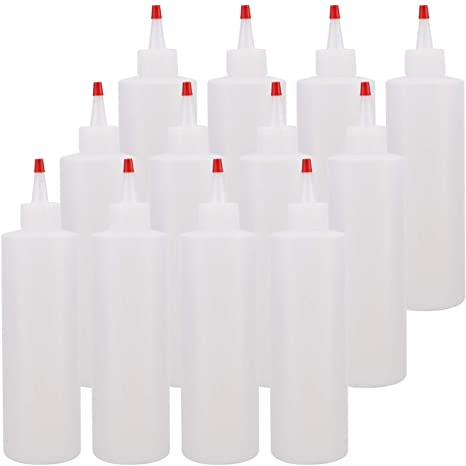 Bekith 12-pack Plastic Squeeze Condiment Bottles with Red Tip Cap - 16 Ounce Squirt Bottle For Ketchup, BBQ, Sauces, Syrup, Condiments, Dressings, Arts and Crafts