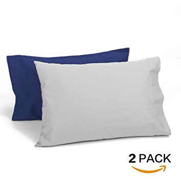 TILLYOU Cotton Collection Soft Toddler Pillowcases Set of 2, 14x20 - Fits Pillows Sized 12x16, 13x18 or 14x19, Machine Washable Travel Pillow Case Cover with Envelope Closure, Gray & Navy