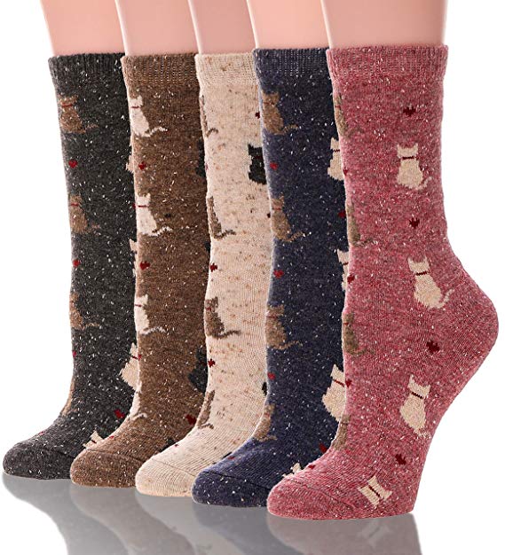 Womens Girls Wool Socks Cat Pattern Warm Comfort Cotton Work Duty Boot Winter Socks For Cold Weather