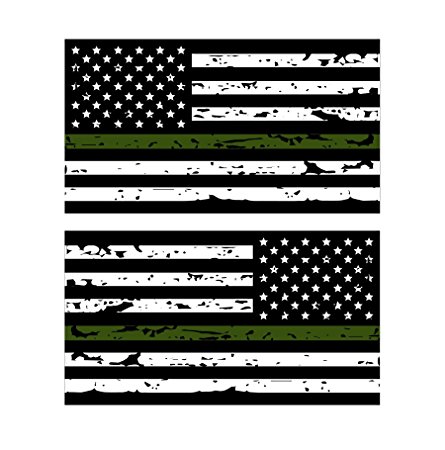 Thin Green Line Reflective Tattered US Flag Stickers (2) Standard and Reverse. 3M Outdoor Reflective Military and Federal Decal
