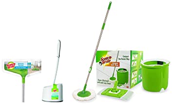 Scotch-Brite Jumper Spin Mop Compact one Bucket Mop & Bathroom Squeegee Plastic Wiper(30 cm)(Green) & Premium Toilet Plastic Brush with Container (Blue, White,Pack of 1)
