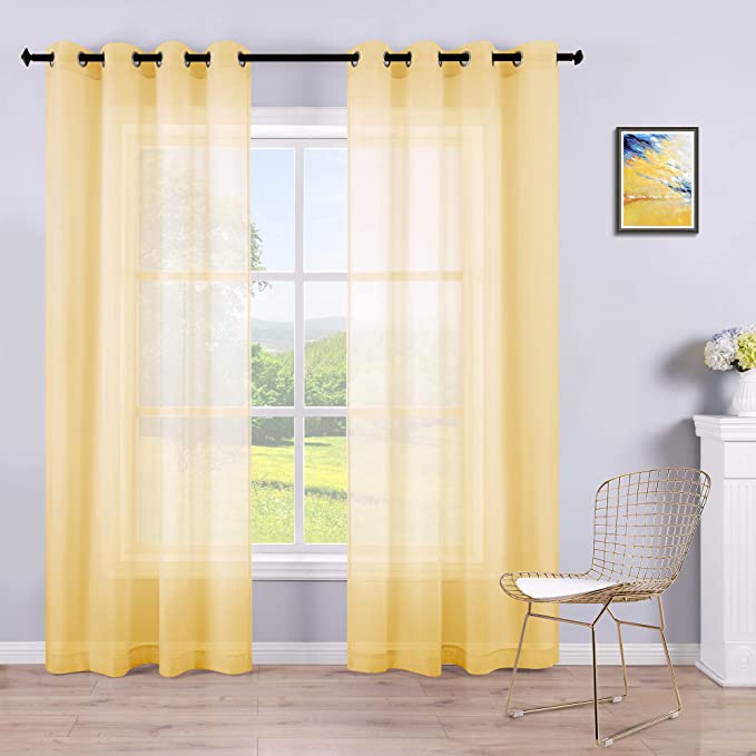 KOUFALL Yellow Sheer Curtains 84 Inches Long for Living Room Set 2 Grommet Faux Linen Soft Semi Transparent Voile Drape Window Sheer Curtains for Bedroom Boys 52x84 Length Solid Pair Bright Color