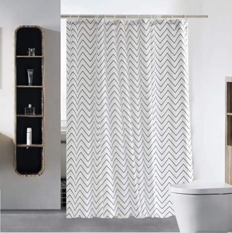 Luxury Shower Curtain Liner for Bathroom Water Repellent Fabric Mildew Resistant Washable Cloth (Hotel Quality, Eco Friendly, Heavy Weight Hem) with White Plastic Hooks (72" x 72", Black Chevron)