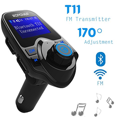 [Upgraded Version] FM Transmitter, Globmall 2017 Model Bopower T11 Bluetooth FM Transmitter, Hands-free Calling, USB Car Charger, Car Radio Kit with 4 Music Play Modes, 1.44 Inch Screen Display