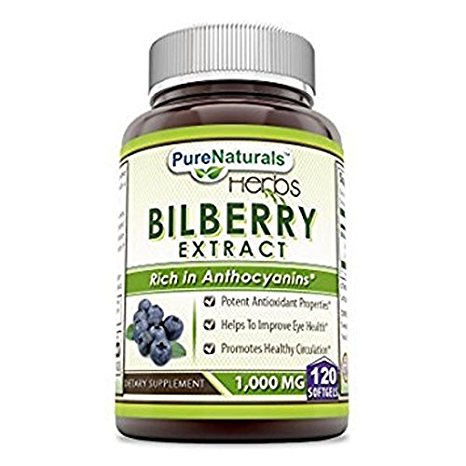 Pure Naturals Bilberry Extract 1000 mg Soft Gels, 120 Count