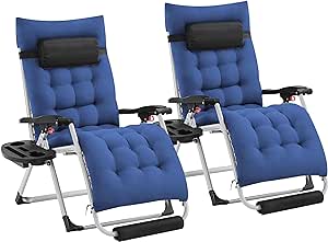 Yaheetech 29in Zero Gravity Chair, Foldable Premium Reclining Lounge Recliner w/Removable Pad & Pillow & Side Accessory Tray for Indoor and Outdoor Navy Blue 2PCS