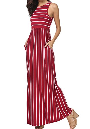 levaca Women's Summer Sleeveless Striped Pockets Flowy Casual Long Maxi Dress