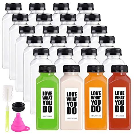 24 Pack Empty Plastic Juice Bottles Food Grade Reusable PET Clear Water Bottle Recyclable Drink Bulk Containers with Leak-Proof Lids for Juice, Water, Milk and Beverages (12oz)