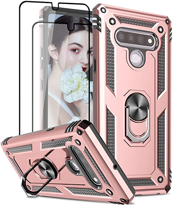 LeYi Compatible for LG Stylo 6 Case, LG Stylo 6 Phone Case with [2 Pack] Tempered Glass Screen Protector, [Military-Grade] Armor Protective Case with Magnetic Ring Kickstand for LG Stylo 6, Rose Gold