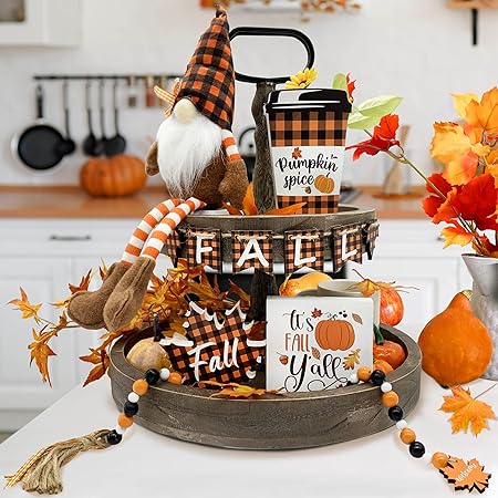 Fall Decor - Fall Tiered Tray Decor Bundle 6 PCS - 3 Fall Wooden Signs - Plush Gnome - Wood Beads Garland - Mini Wooden Banner - Rustic Farmhouse Home Autumn Harvest Kitchen Table Shelf Decorations